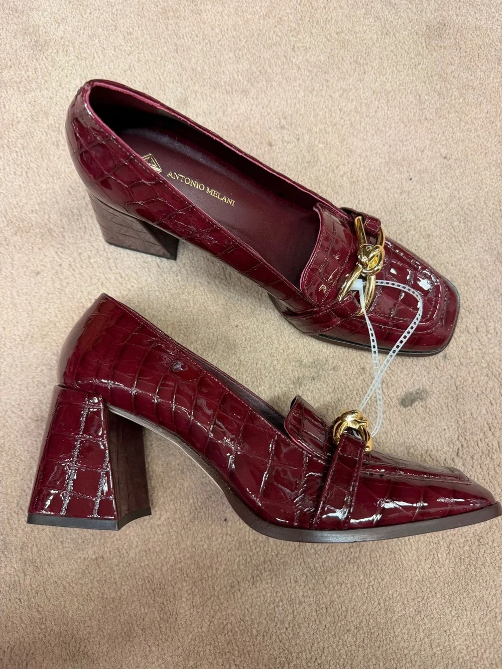 ANTONIO MELANI Burgundy Croc-Embossed Block Heel Loafers with Gold Bit